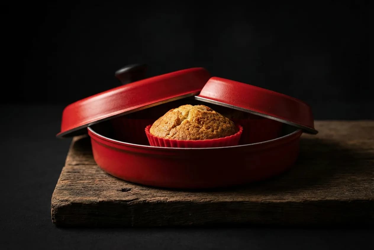 Gros plan iconique du four Omnia rouge sur fond sombre, mettant en avant son design et sa fonction pour un avis produit.