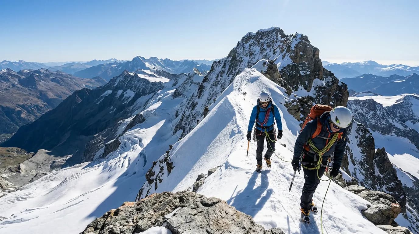 Vue d'ensemble d'une cordée d'alpinistes progressant sur un des itinéraires principaux menant au sommet du Mont Dolent.
