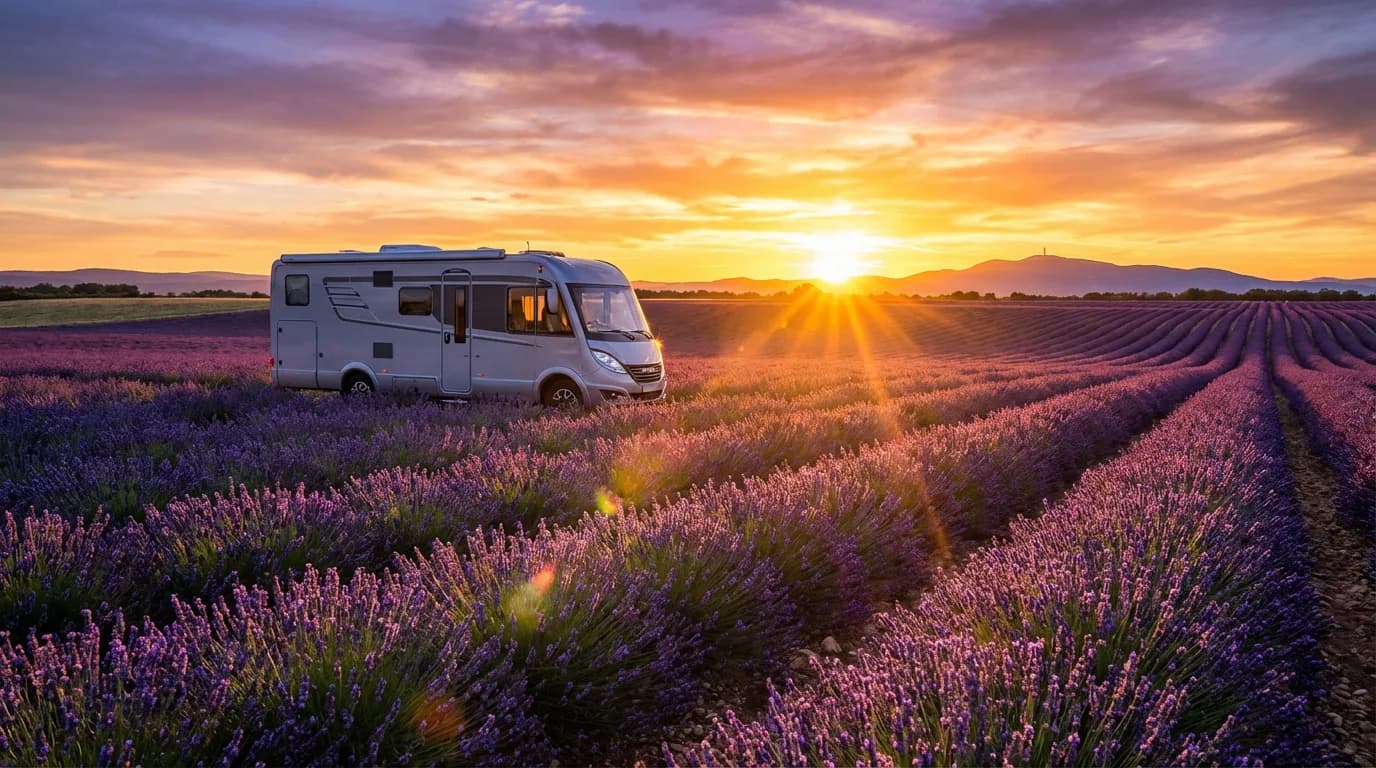 Un camping-car moderne stationné dans un champ de lavande en Provence au coucher du soleil, illustrant la liberté des aires gratuites en France.
