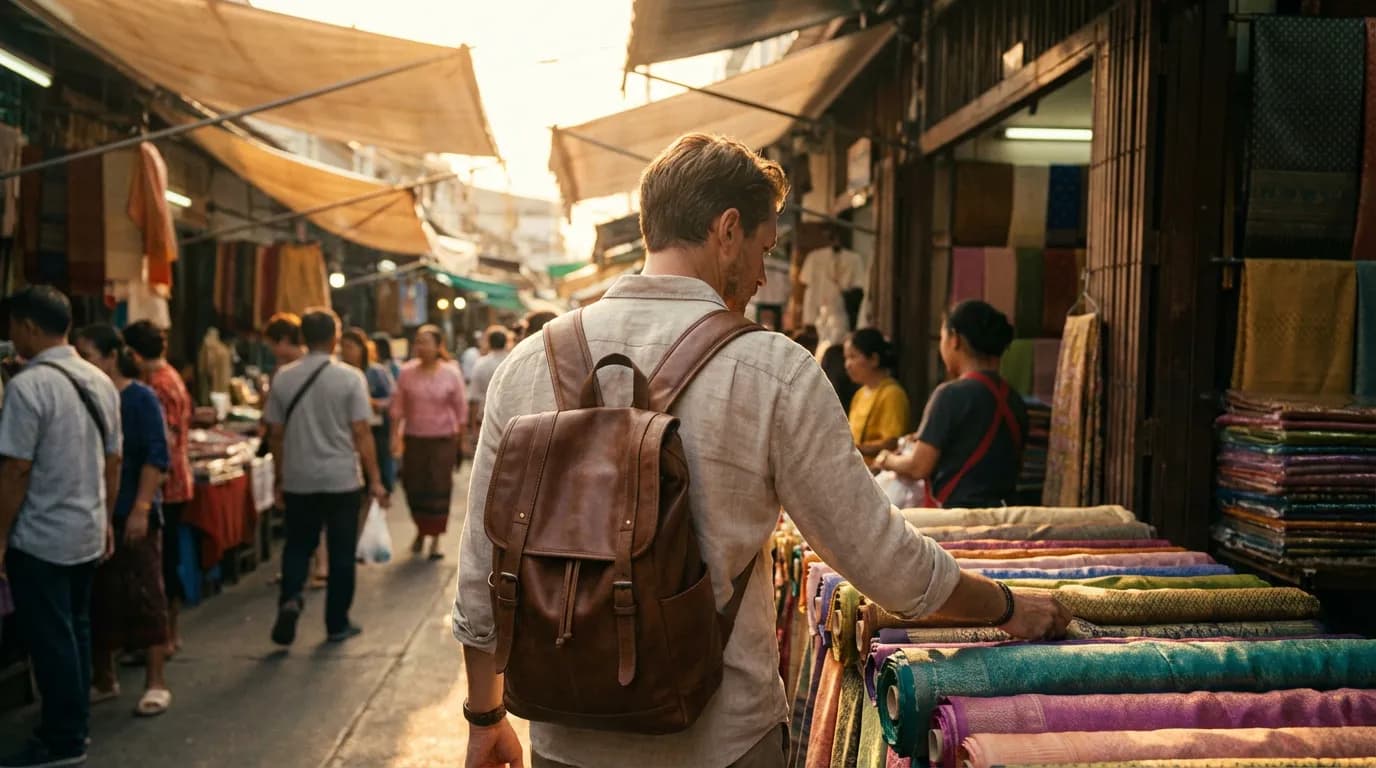 Une personne élégante parcourant des étals de soieries colorées sur un marché haut de gamme en Thaïlande, illustrant le shopping de vêtements.