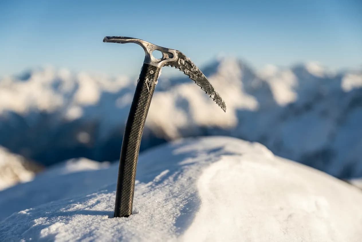 Gros plan d'un piolet d'alpinisme planté dans la neige immaculée, symbolisant l'ascension du Mont Dolent.