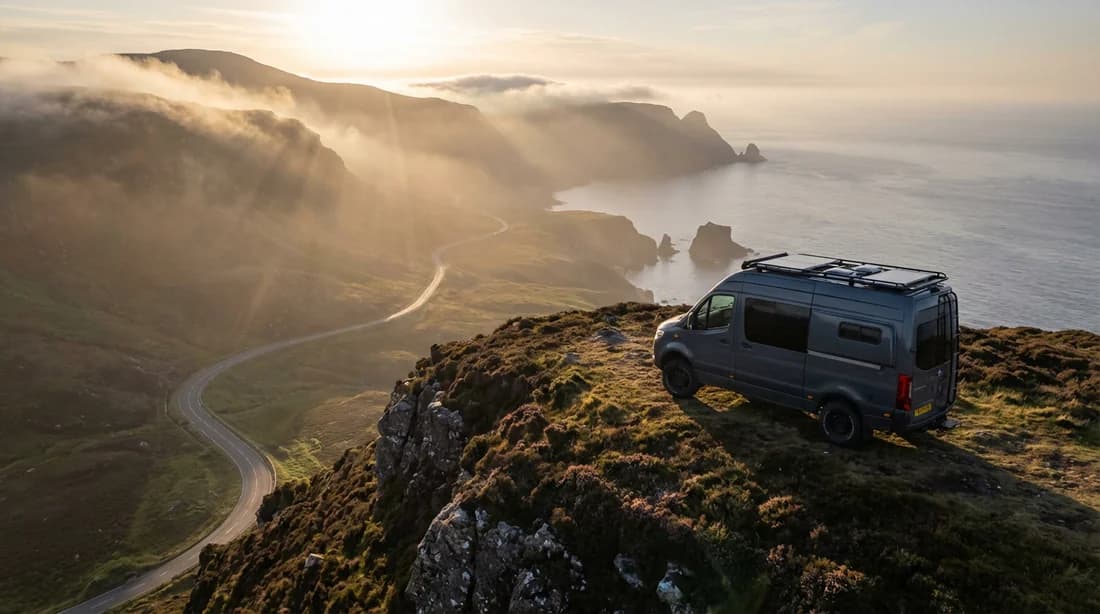 Un van aménagé moderne garé au sommet d'une falaise spectaculaire au coucher du soleil, symbolisant l'aventure et la liberté de la vie nomade sur la route.