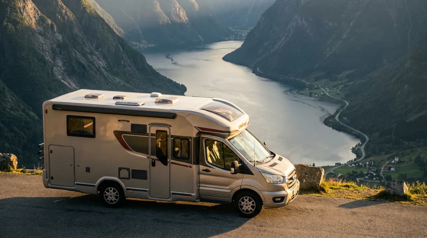 Un camping-car Challenger moderne est garé au bord d'un fjord norvégien au coucher du soleil, une scène épique de voyage et de liberté.