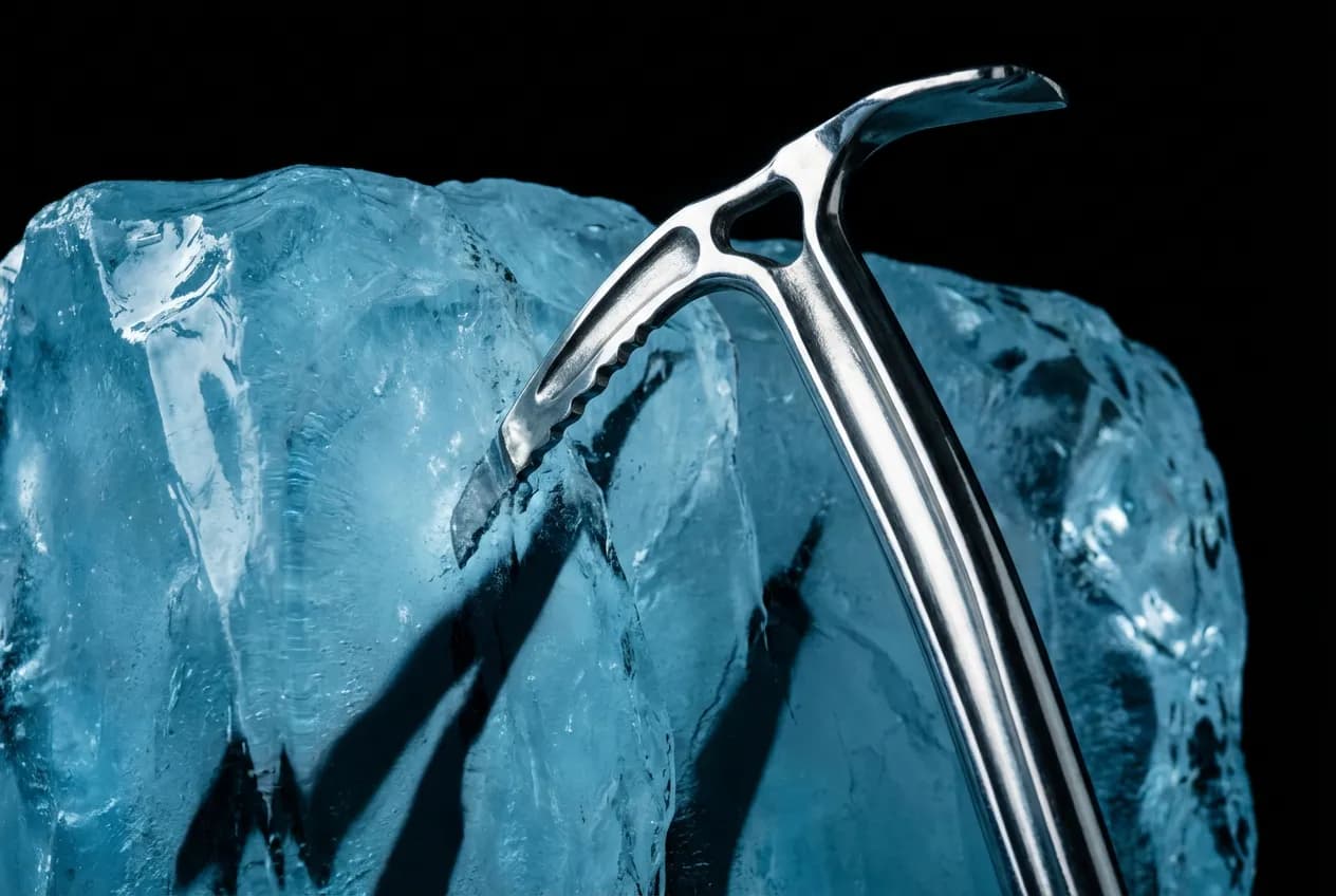 Gros plan iconique d'un piolet de montagne planté dans un bloc de glace, symbolisant l'équipement technique nécessaire pour le trek d'Amphu.