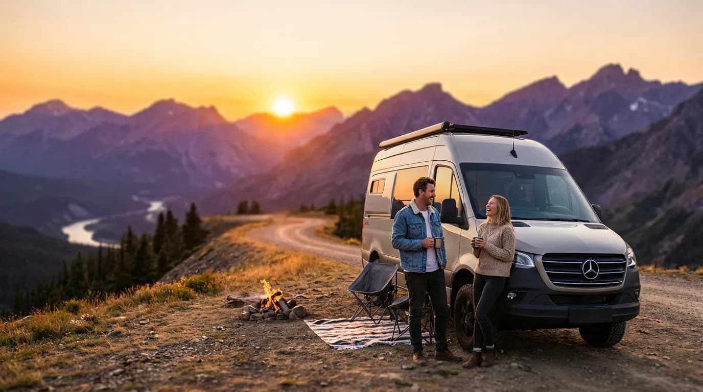 Un couple élégant partage un moment de complicité devant son camping-car, avec en arrière-plan un panorama montagneux spectaculaire au coucher du soleil.