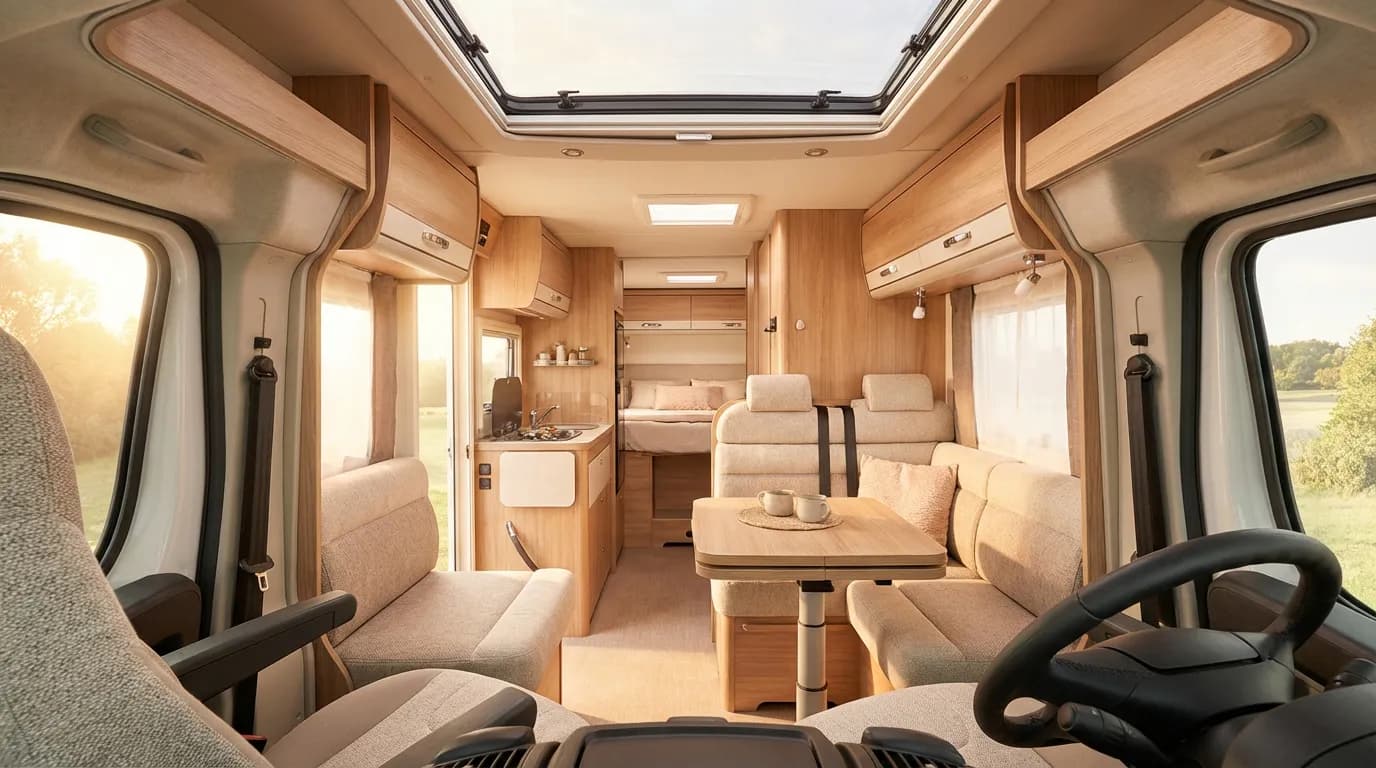 Vue intérieure grand angle de l'aménagement optimisé et de l'espace de vie lumineux du camping-car Rapido C50.