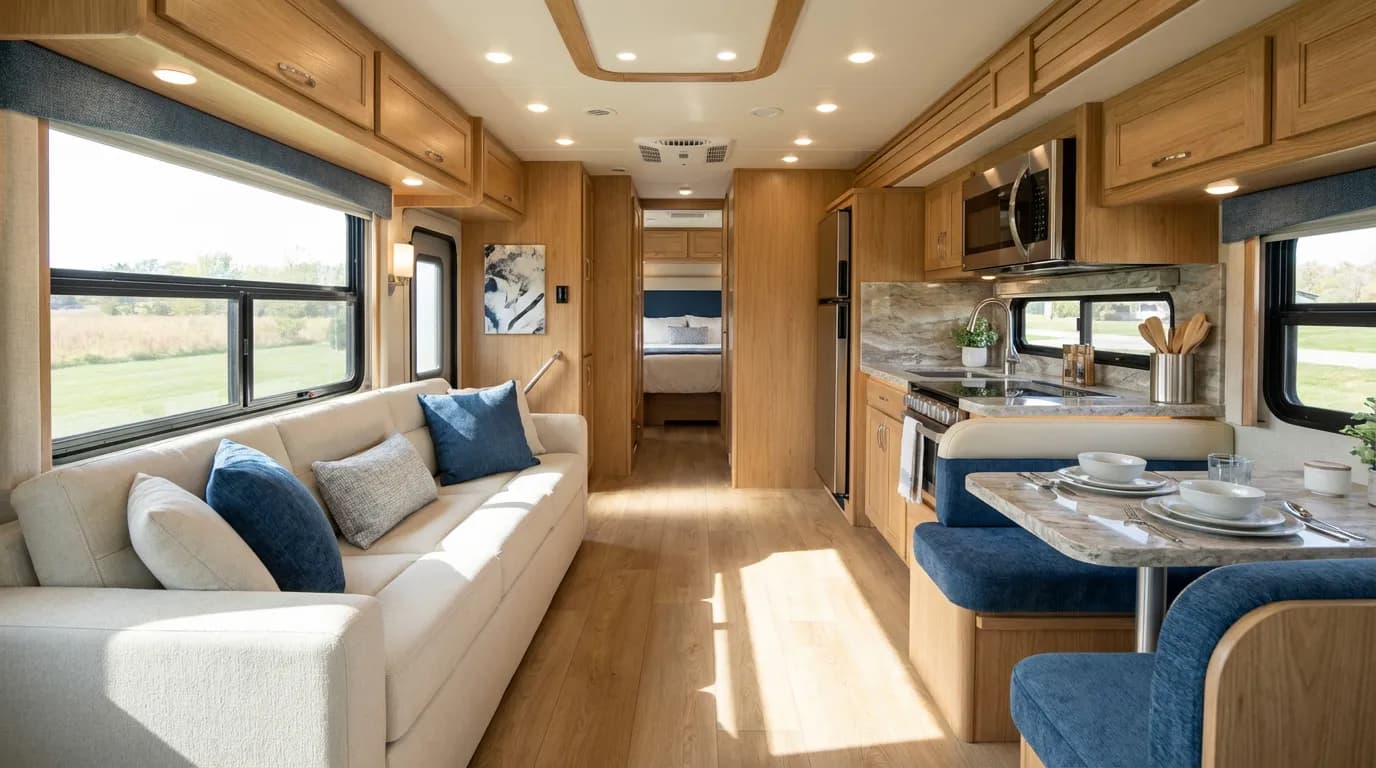 Vue intérieure d'un salon de camping-car moderne et lumineux, parfaitement nettoyé et rangé, avec la lumière du soleil entrant par la fenêtre.
