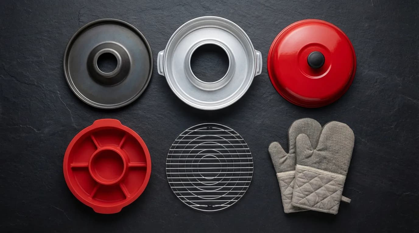 Vue de dessus du four Omnia démonté et de ses accessoires (moule silicone, grille) organisés pour un guide d'achat.