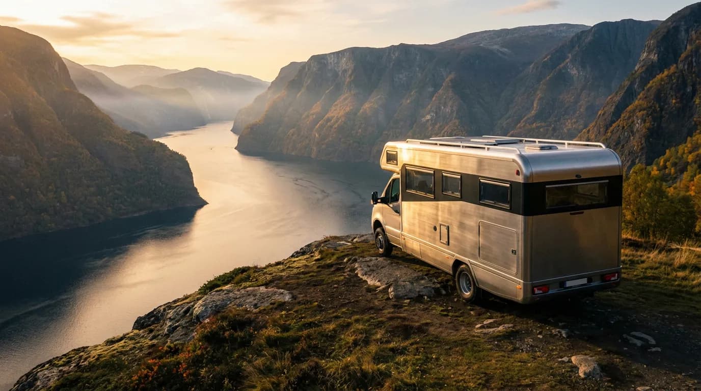 Un camping-car moderne et luxueux stationné face à un paysage spectaculaire de fjord au coucher du soleil, évoquant le confort et la liberté du voyage.