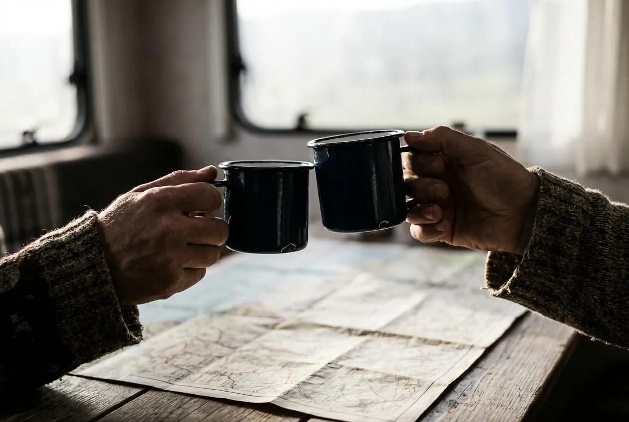 Gros plan sur deux tasses de camping qui trinquent, symbolisant la connexion et la convivialité d'une rencontre en voyage nomade.