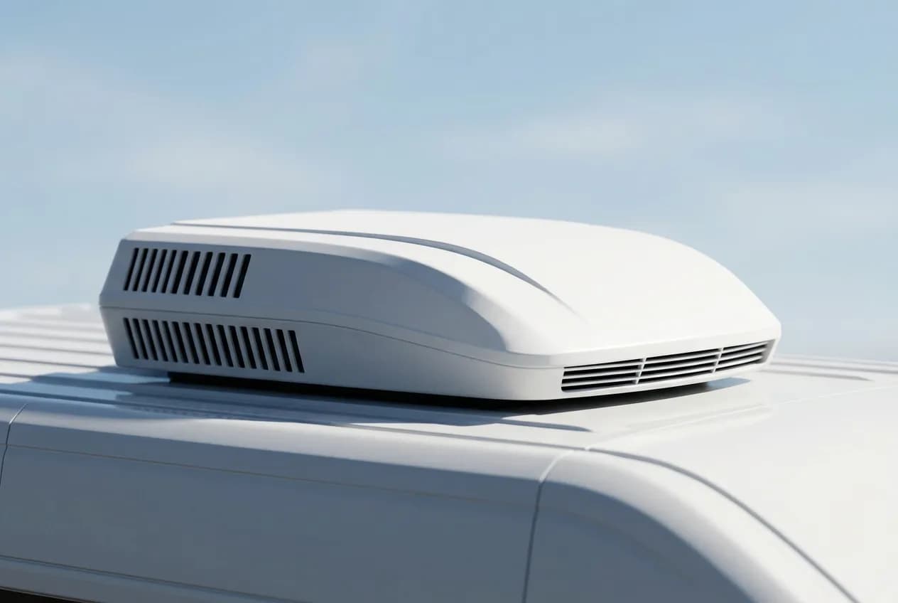Gros plan sur un climatiseur de toit design et moderne pour camping-car, photographié sur fond de ciel bleu.