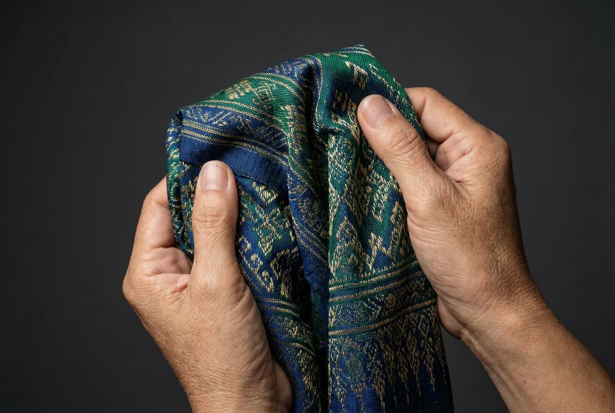 Gros plan sur un tissu de soie thaïlandais aux motifs vifs, symbolisant la qualité des vêtements en Thaïlande.