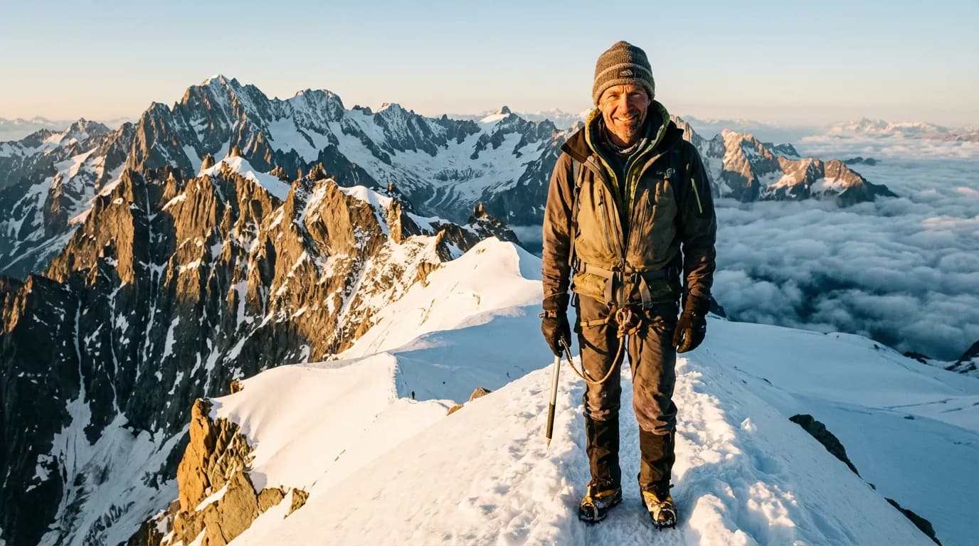 Portrait cinématique du guide de haute montagne Bruno Gardent au sommet d'une crête enneigée au lever du soleil, avec les Alpes en arrière-plan.