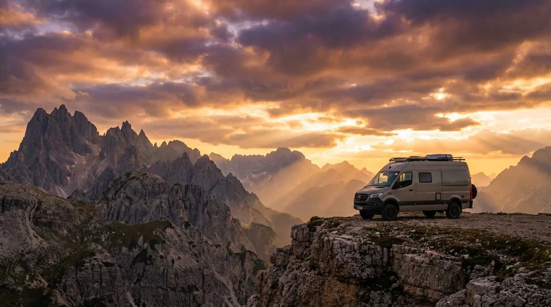 Un van aménagé moderne faisant face à un panorama montagneux spectaculaire au lever du soleil, symbolisant l'art de voyager libre.