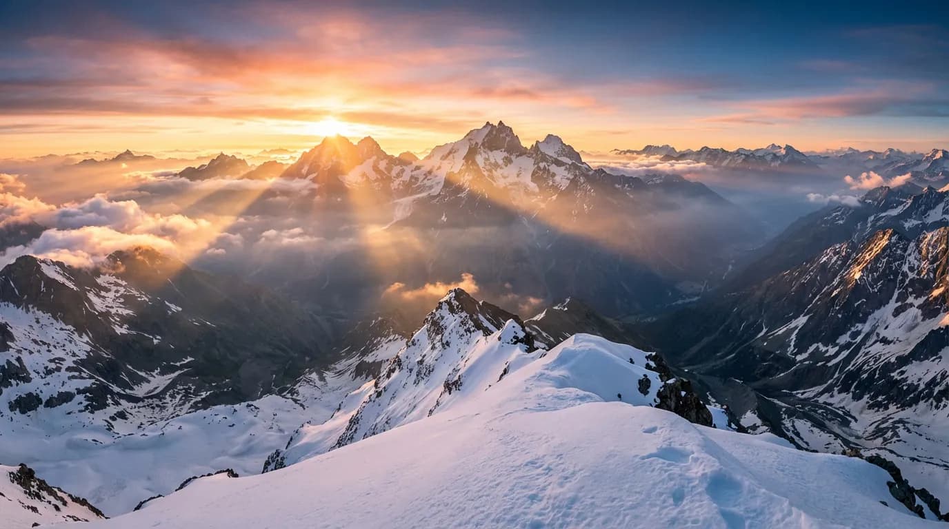 Panorama époustouflant à 360 degrés depuis le sommet du Dôme de la Lauze au lever du soleil, avec vue sur le massif des Écrins enneigé.