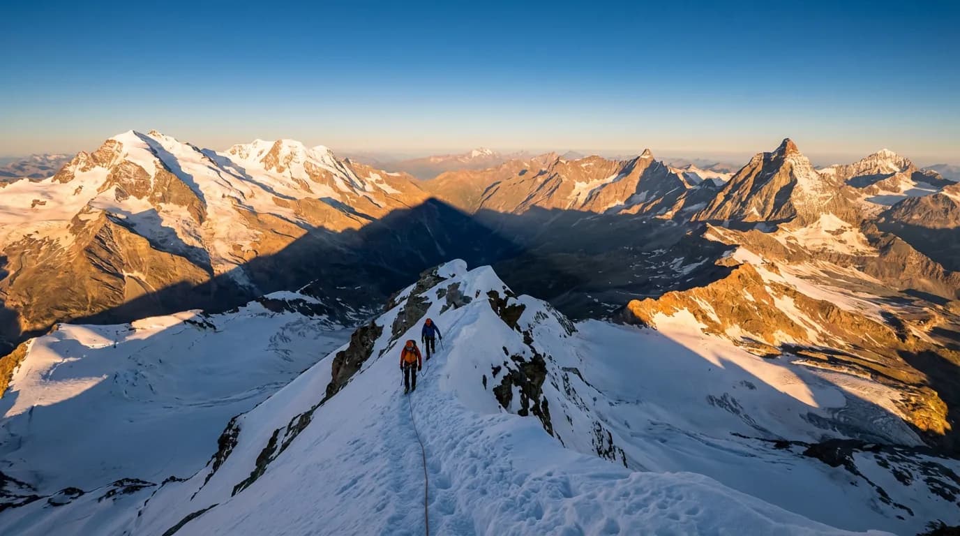 Alpinistes sur l'arête effilée et vertigineuse du Lyskamm au lever du soleil, un panorama alpin majestueux en arrière-plan.