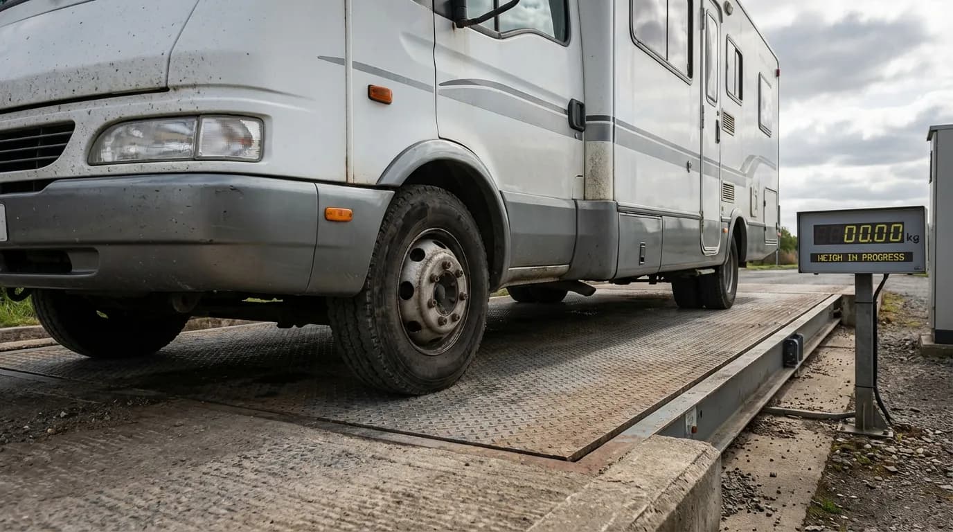 Un camping-car en train d'être pesé sur un pont-bascule public, une image illustrative pour comprendre comment vérifier le poids de son véhicule.