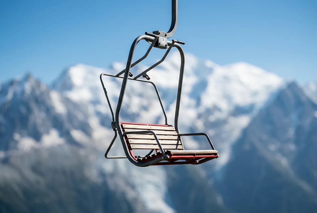 Gros plan d'un siège du télésiège de l'Index, sujet iconique et centré sur fond de Mont-Blanc flouté.