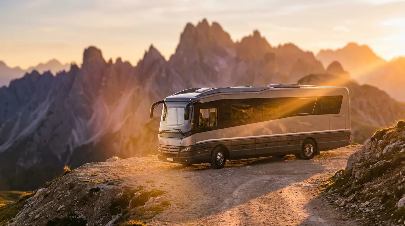 Un camping-car de luxe garé sur une route de montagne spectaculaire au coucher du soleil, illustrant la cote et la valeur d'un véhicule de loisirs.
