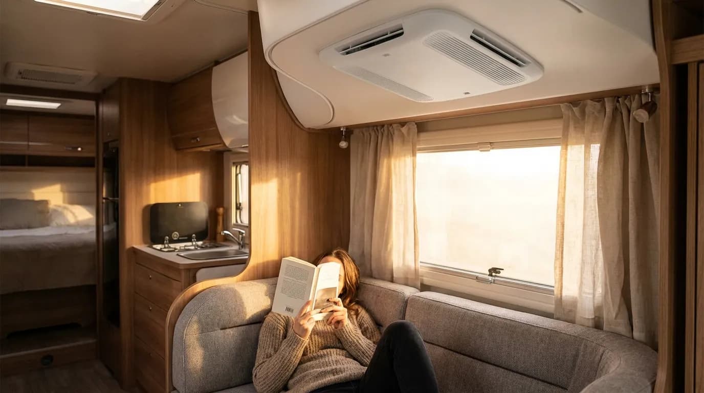 Intérieur confortable et moderne d'un camping-car, montrant une personne se relaxant grâce au climatiseur discrètement installé au plafond.