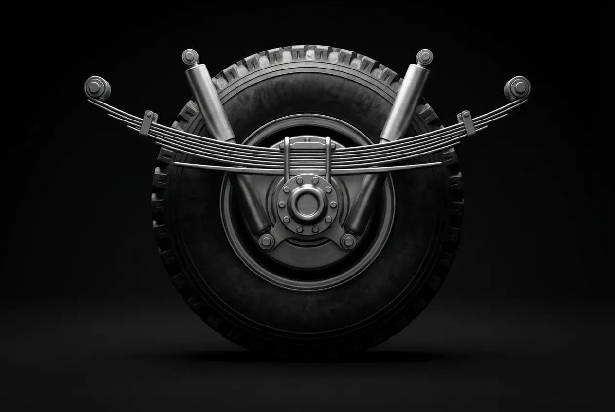 Gros plan iconique et contrasté sur la roue et la suspension d'un camping-car, symbolisant la notion de poids et de charge.