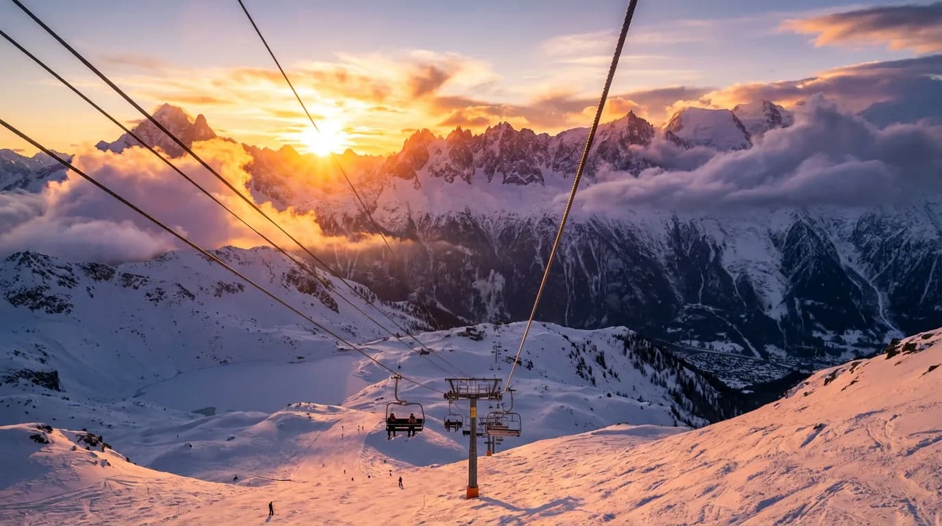 Vue panoramique épique du télésiège de l'Index à Chamonix, avec les montagnes des Aiguilles Rouges illuminées par la lumière dorée du soleil couchant.