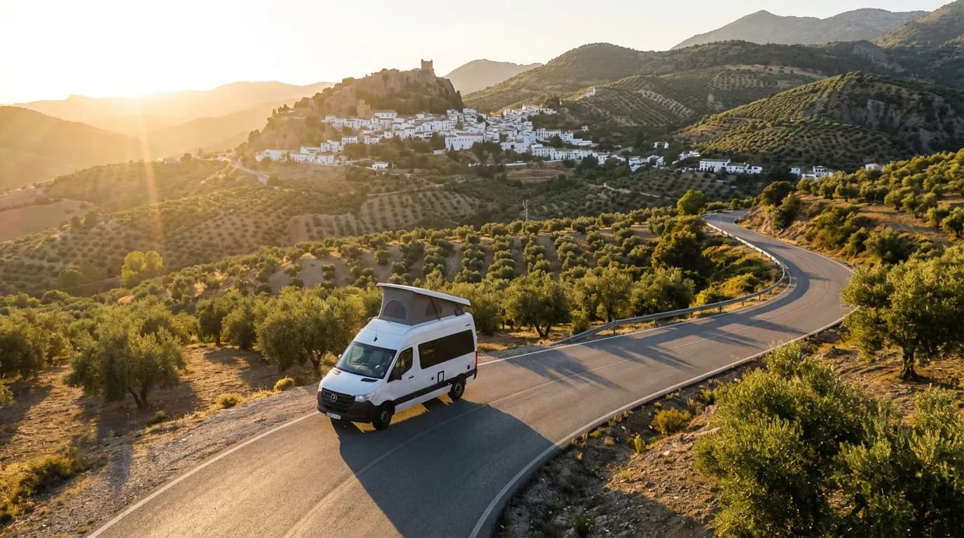 Un camping-car moderne roule sur une route sinueuse en Andalousie au coucher du soleil, offrant une vue spectaculaire sur un village blanc.
