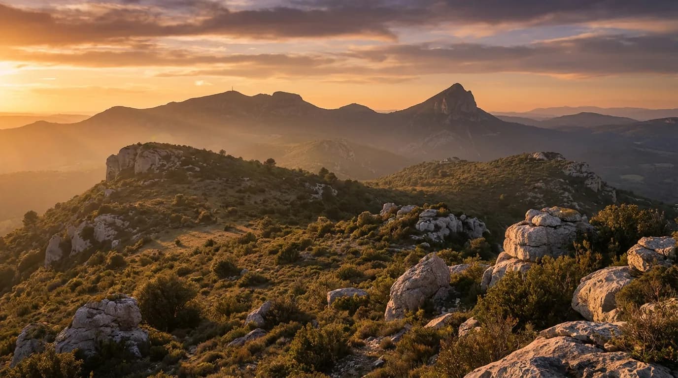 Vue panoramique épique du Col de Fambetou au coucher du soleil, avec la montagne de l'Hortus et le Pic Saint-Loup se découpant à l'horizon.
