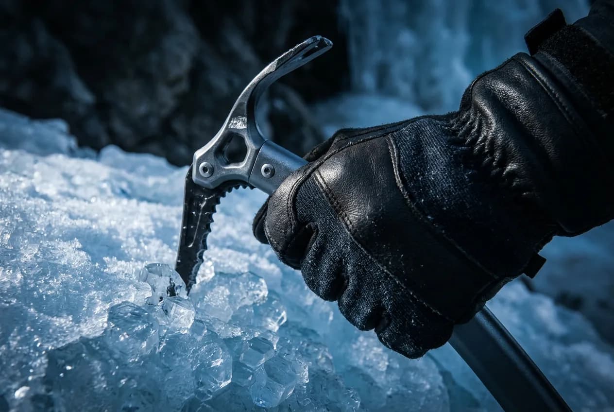 Gros plan sur la main gantée d'un alpiniste tenant un piolet, symbolisant la technique et la sécurité en haute montagne.