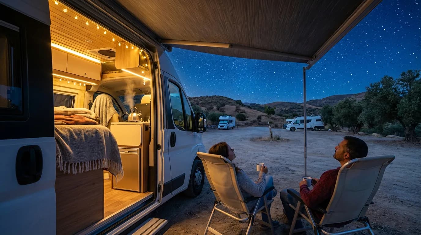Vue depuis l'intérieur d'un camping-car stationné la nuit sur une aire en Andalousie, avec un couple profitant de la soirée étoilée.