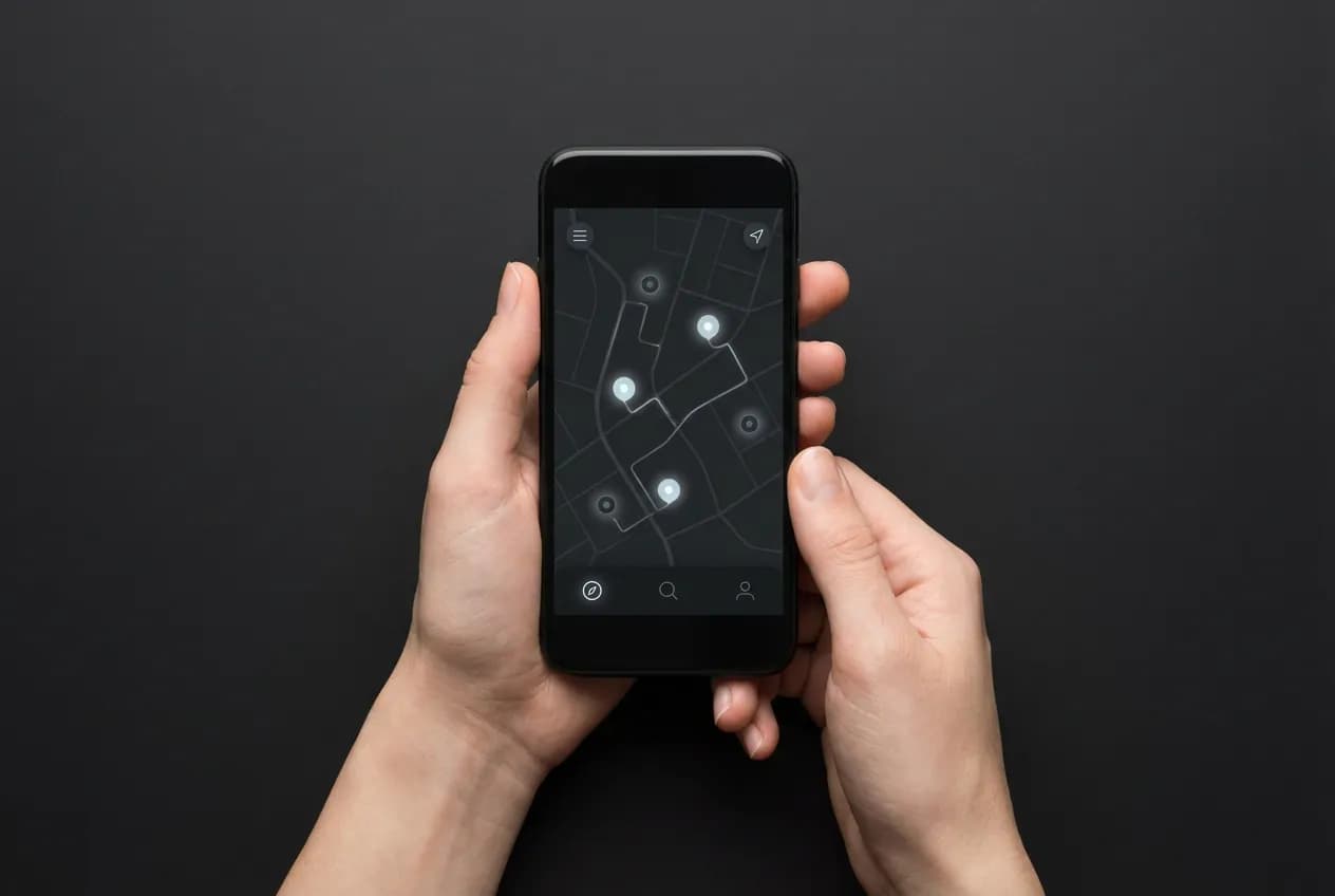 Smartphone affichant une application de recherche d'aires de camping-car gratuites, symbole de la planification de voyage moderne.