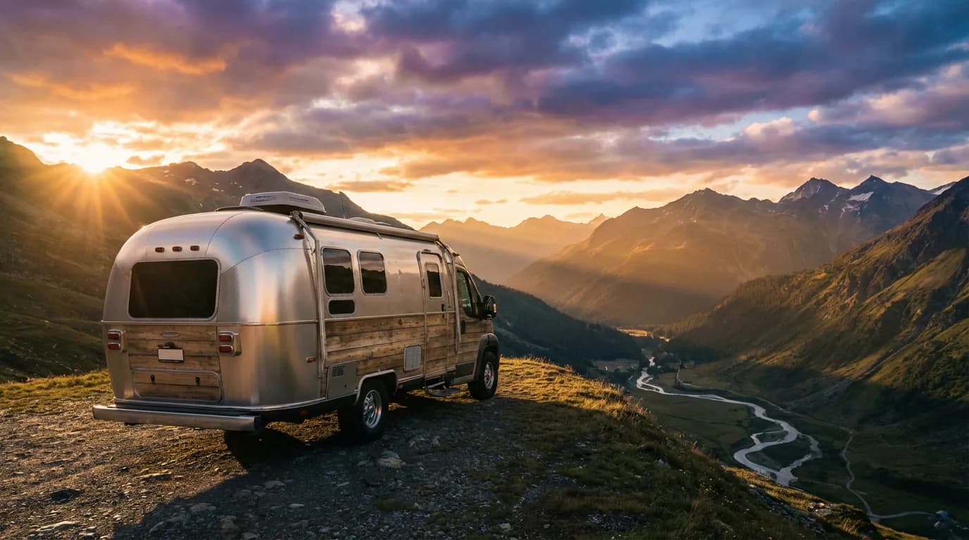 Argus gratuit camping-car Camping-car de luxe stationné devant un panorama de montagnes spectaculaire au coucher du soleil, image évoquant la valeur et l'aventure.