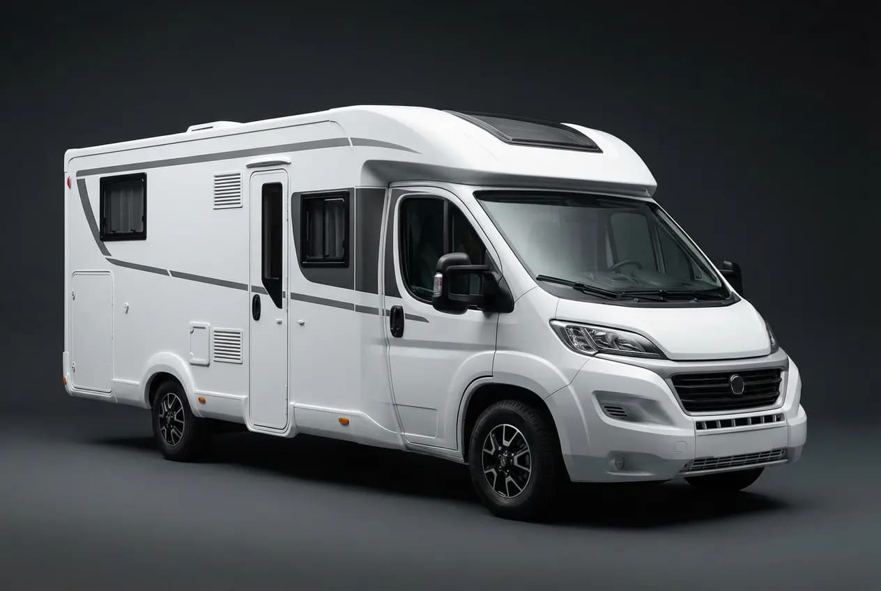 Rapido C50 : Test, avis et prix du camping-car profilé Vue de profil du camping-car Rapido C50 sur un fond neutre, mettant en valeur son design compact et moderne.