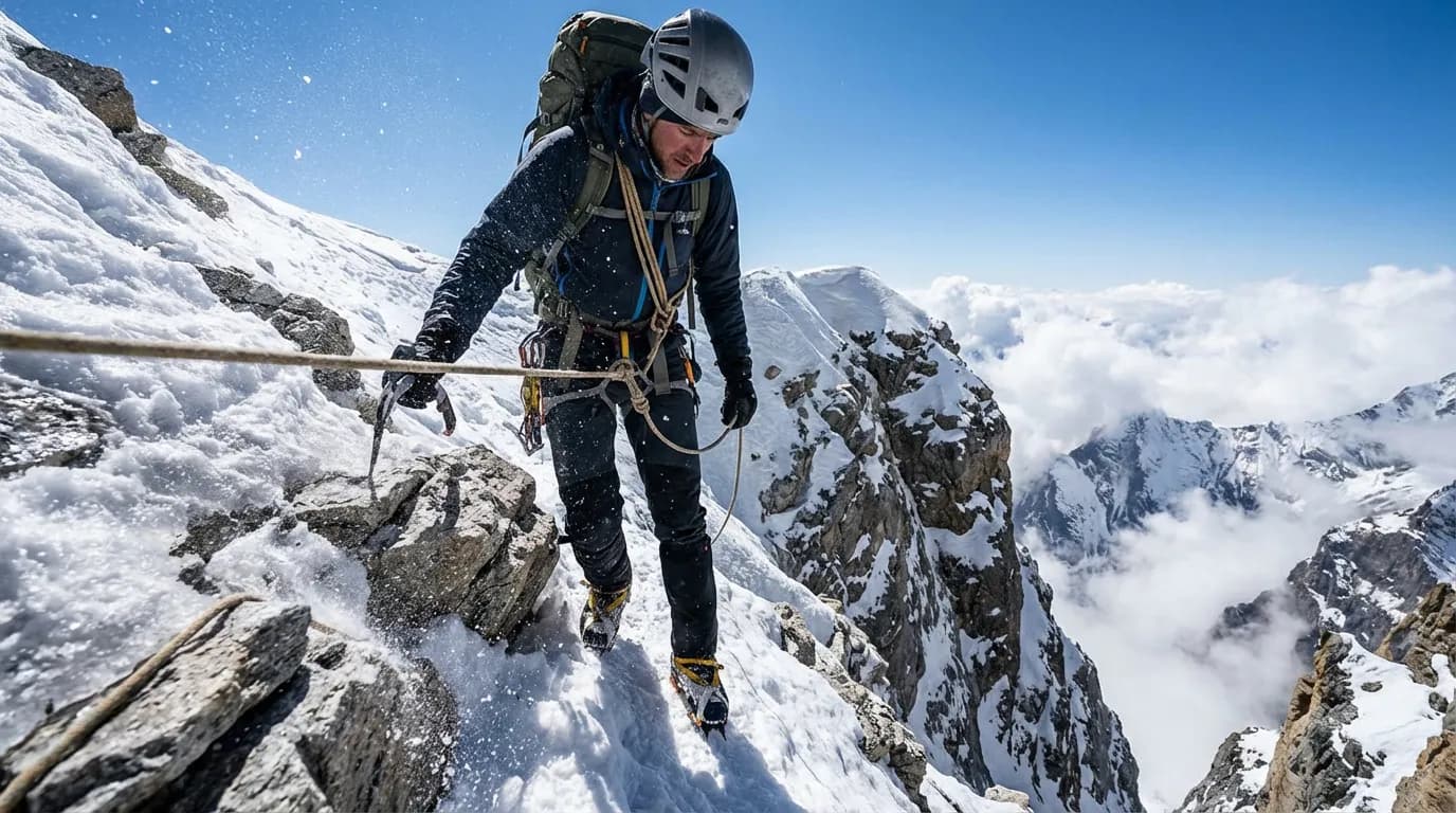 Passage technique sur l'Amphu Labtsa Un trekkeur en pleine action, traversant avec précaution une arête de glace technique sur le col d'Amphu Labtsa, illustrant la difficulté du parcours.
