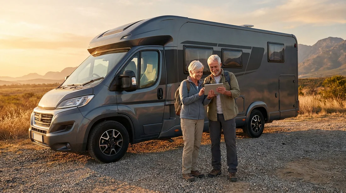 Couple de seniors souriants estimant le prix de leur camping-car profilé sur une tablette à la tombée du jour