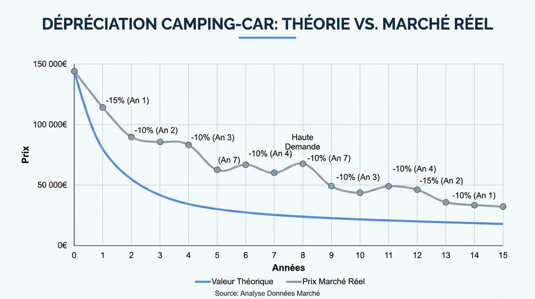 Graphique de la courbe de décote annuelle d'un camping-car : prix vs années