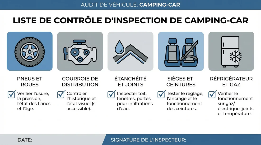 Infographie checklist des points de contrôle : pneus, courroie, étanchéité, frigo