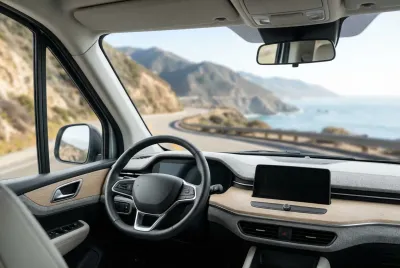 Vue depuis le poste de conduite d'un camping-car neuf, volant au premier plan et route ensoleillée à travers le pare-brise.