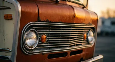 Gros plan sur l'avant d'un Winnebago Brave avec ses phares ronds emblématiques.