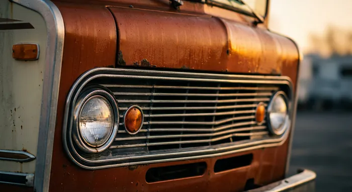 Gros plan sur l'avant d'un Winnebago Brave avec ses phares ronds emblématiques.