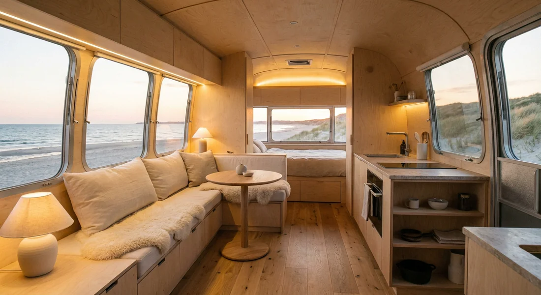 Intérieur rénové et moderne d'une caravane Airstream avec vue sur la mer.