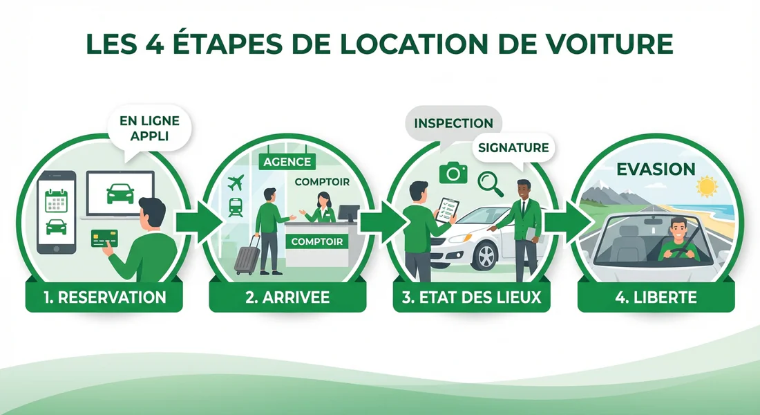 Infographie des étapes de location de voiture chez Europcar.