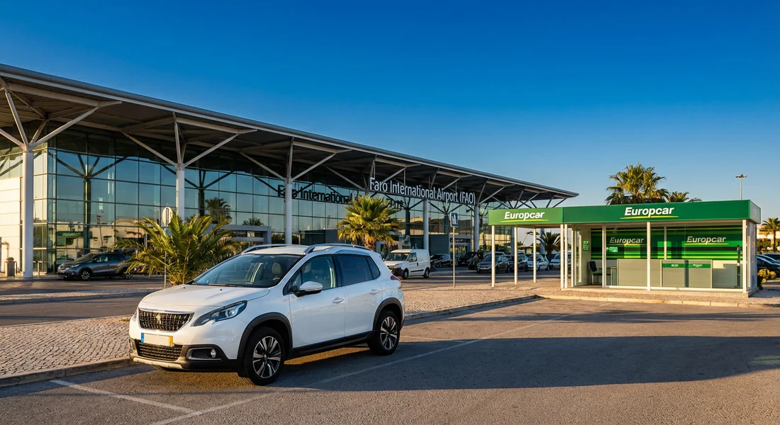 Location de voiture Europcar à l'aéroport de Faro avec une Peugeot 2008 devant le terminal.