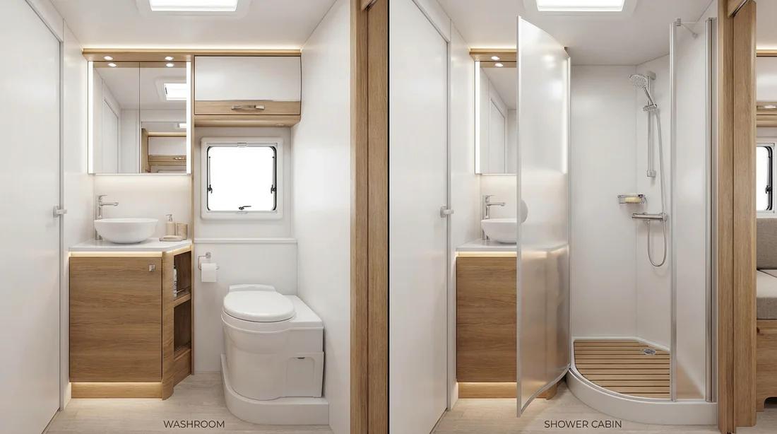 Démonstration du système de paroi pivotante Duo'Space dans la salle d'eau du Rapido C50.