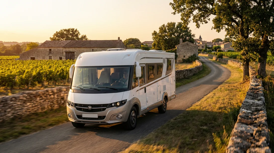 Le camping-car profilé compact Rapido C50 roulant sur une route étroite de campagne.