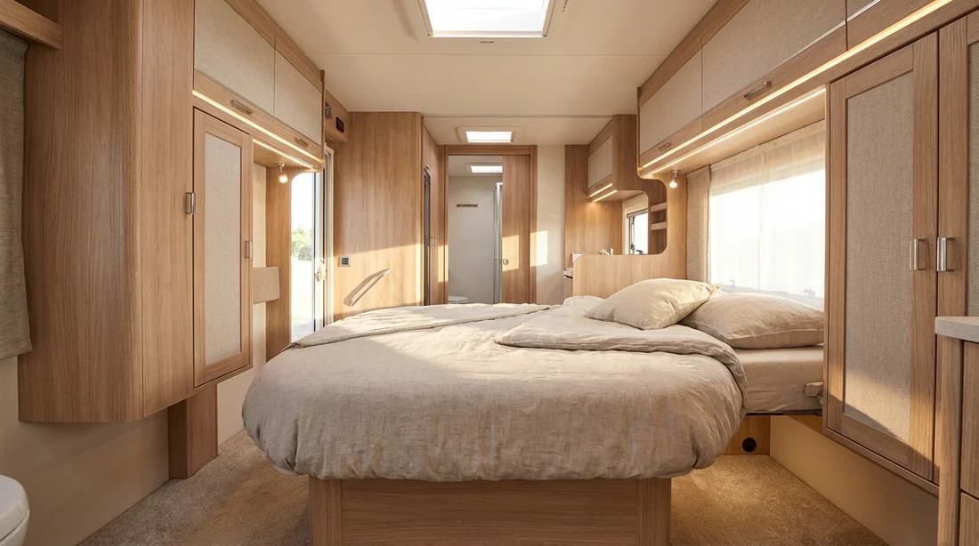 Vue de la chambre du Rapido C50 avec lit central et penderies suspendues.