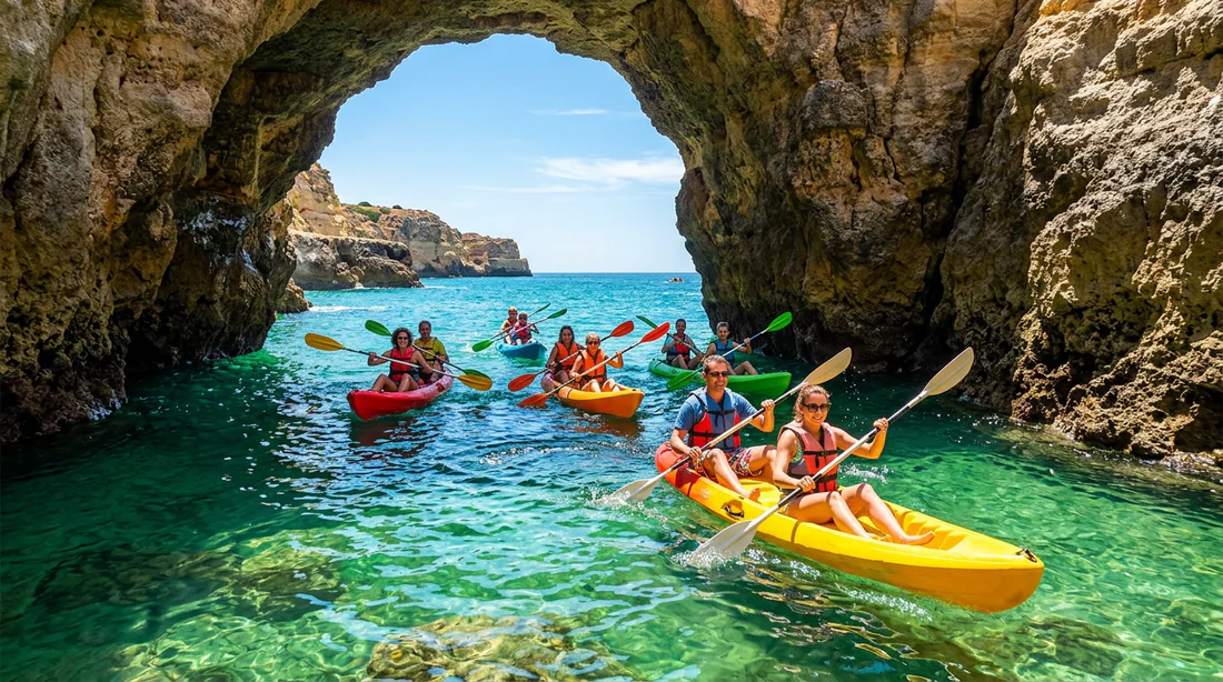 Les formations rocheuses et arches naturelles de Ponta da Piedade au coucher du soleil.