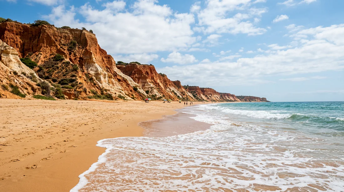 Vue aérienne panoramique de la plage de Marinha en Algarve avec ses falaises dorées et ses eaux turquoise cristallines.