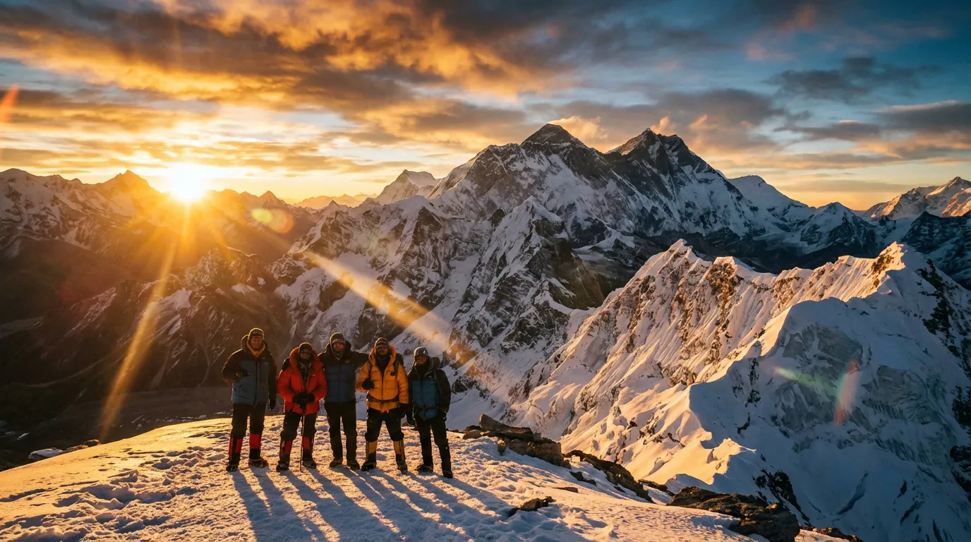 Vue panoramique cinématique de trekkeurs au sommet du col d'Amphu Labtsa au lever du soleil, avec les majestueux sommets de l'Himalaya en arrière-plan.