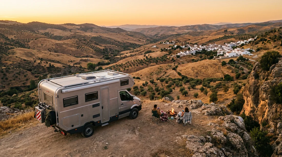 Camping-car stationné devant un paysage aride et un village blanc d'Andalousie au coucher du soleil.